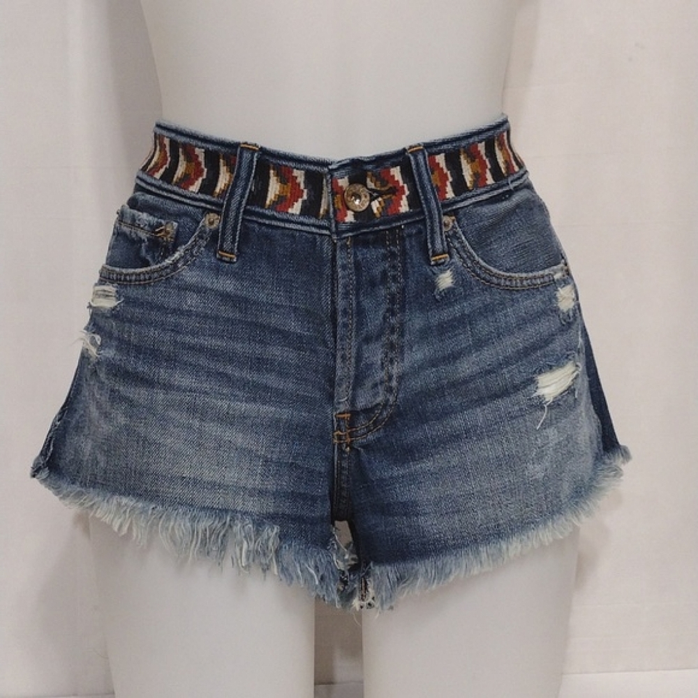 Abercrombie & Fitch High Rise Distressed Denim Shorts 27 Fringe Hem Casual Chic